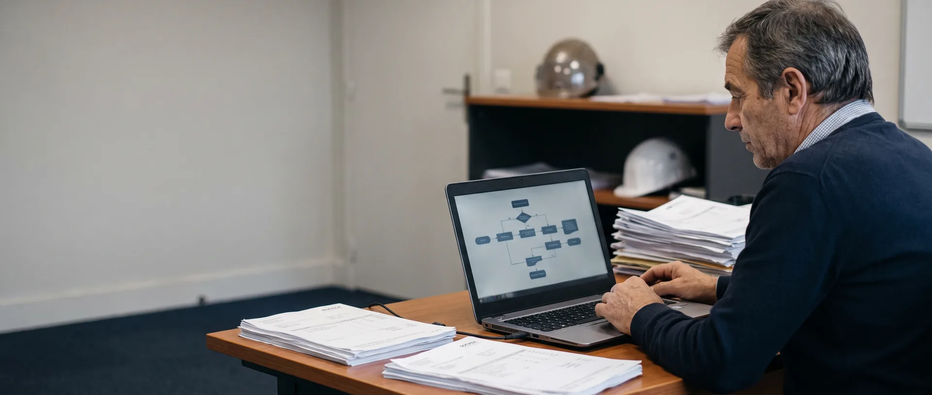 Gestionnaire d'une PME du BTP devant un écran illustrant la transmission des factures électroniques