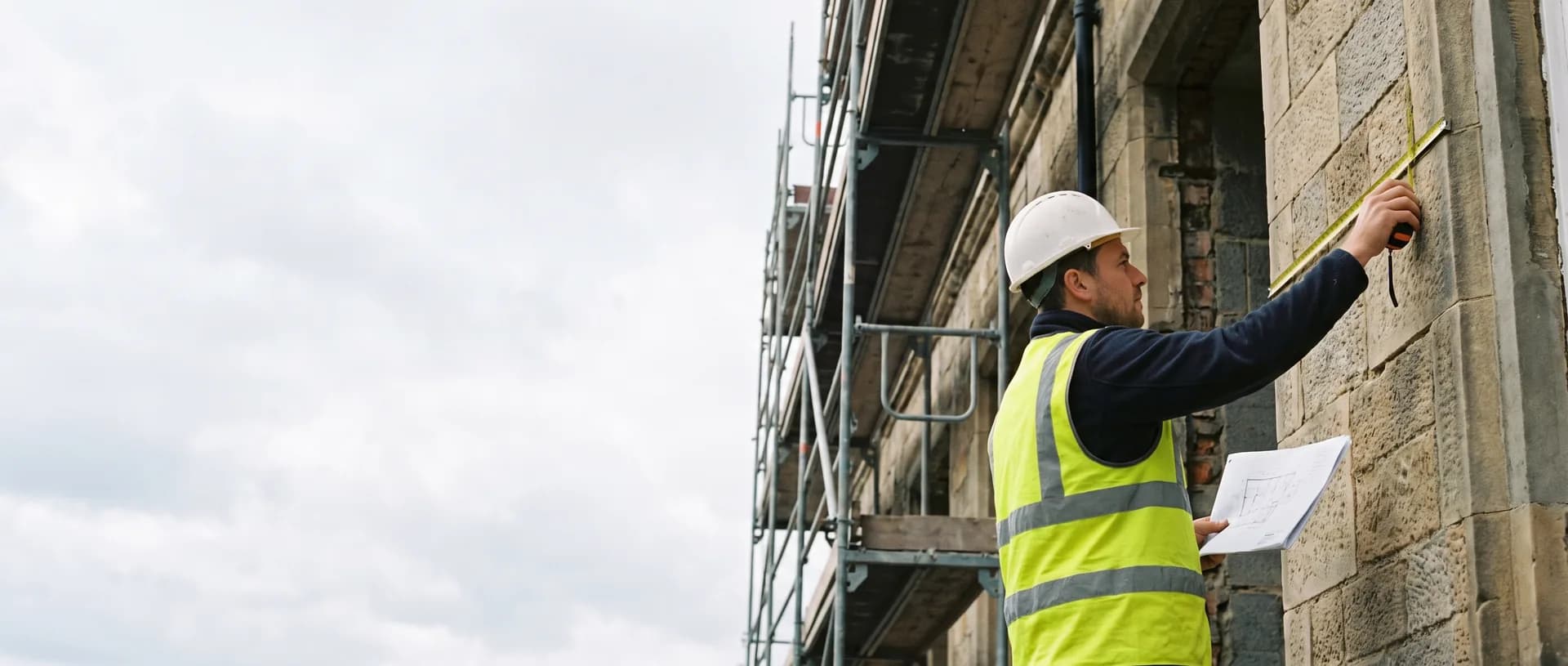 Façadier prenant un métré de façade devant un immeuble en rénovation