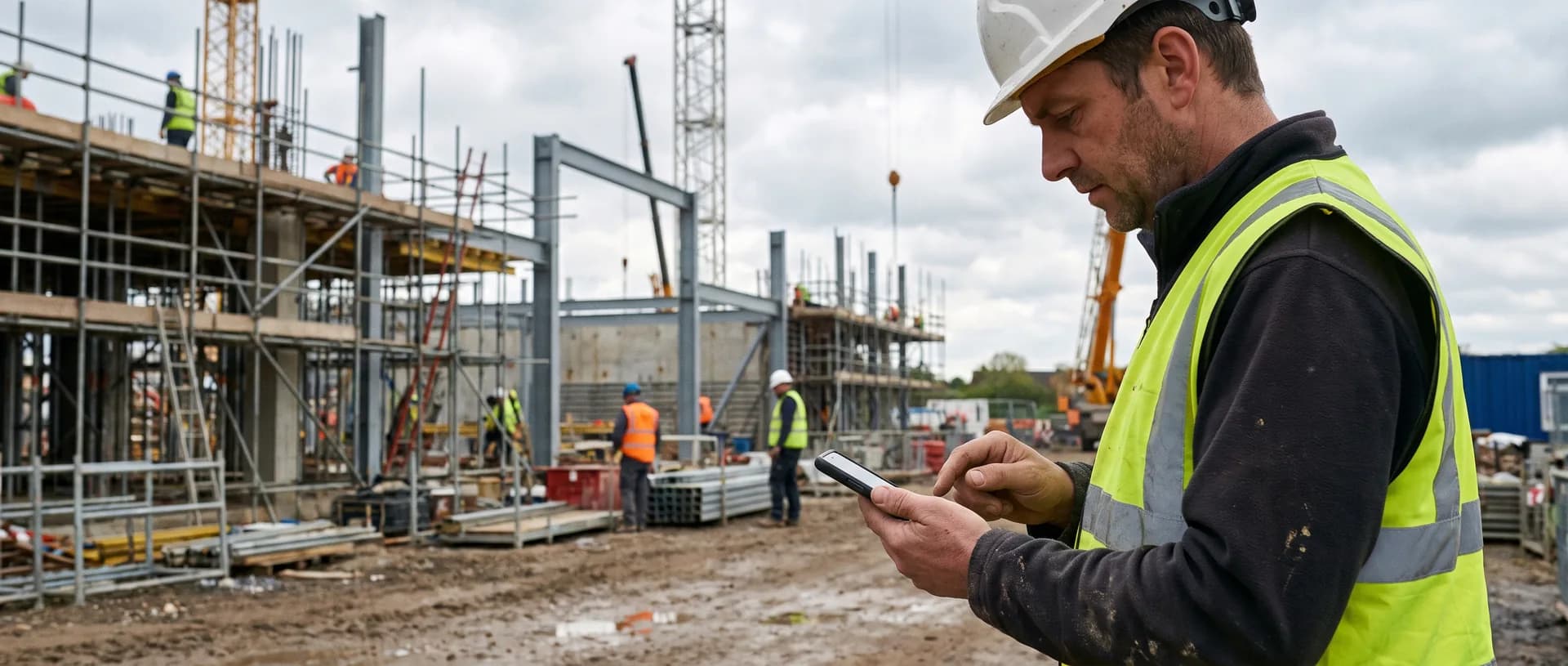 Chef de chantier saisissant les heures de son équipe sur un smartphone