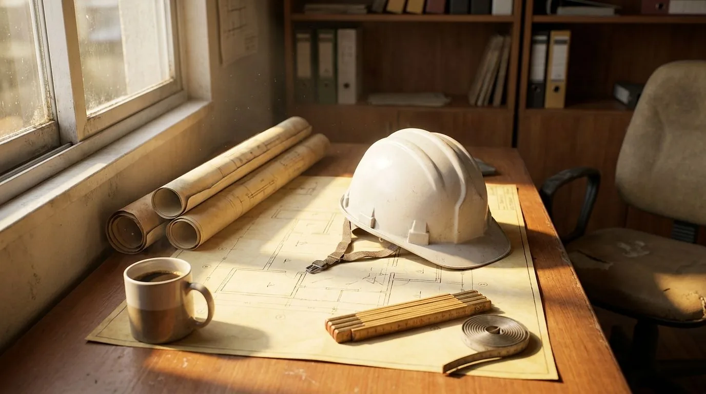 Bureau d'une PME du BTP : plans, casque de chantier et mètre pliant