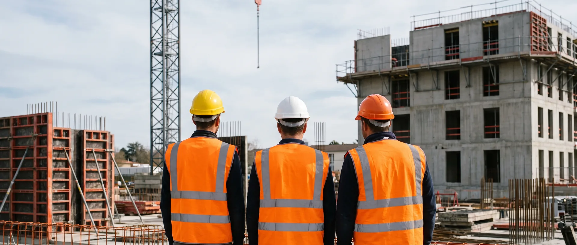Trois compagnons de dos en gilets haute visibilité devant un chantier de gros œuvre