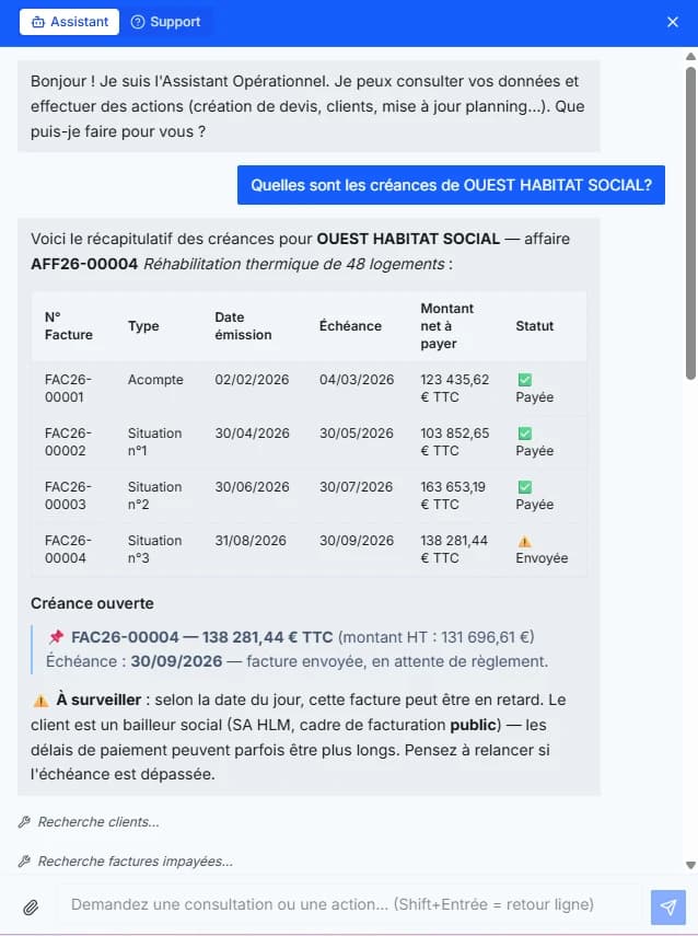 Assistant IA d'easyBTP, ouvert dans un panneau latéral