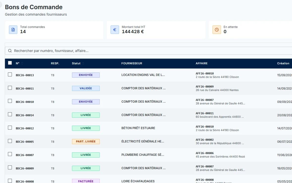 Liste des bons de commande fournisseurs dans easyBTP