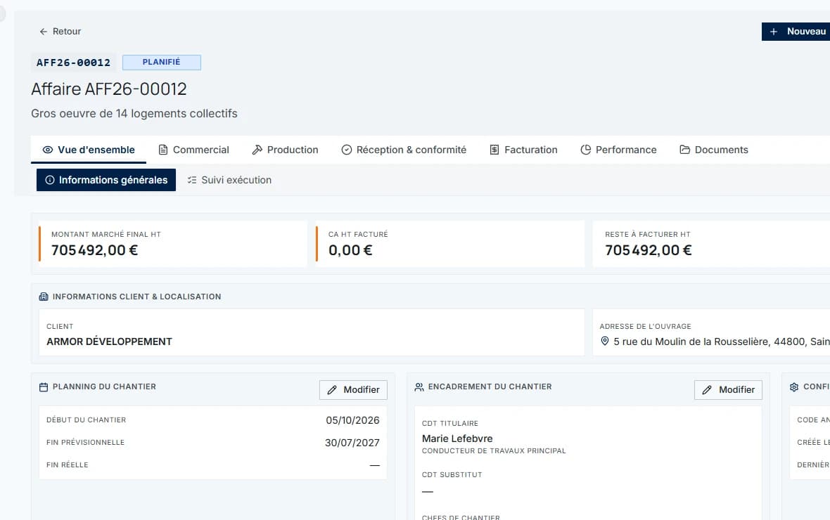 Fiche d'une affaire easyBTP : informations du chantier et indicateurs