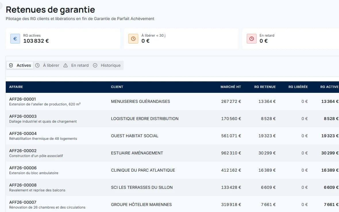 Suivi des retenues de garantie dans easyBTP