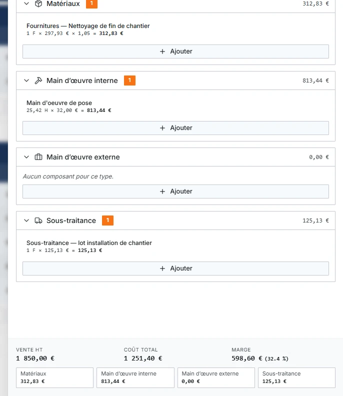 Détail des composants d'un ouvrage dans easyBTP : matériaux, main-d'œuvre, sous-traitance et marge